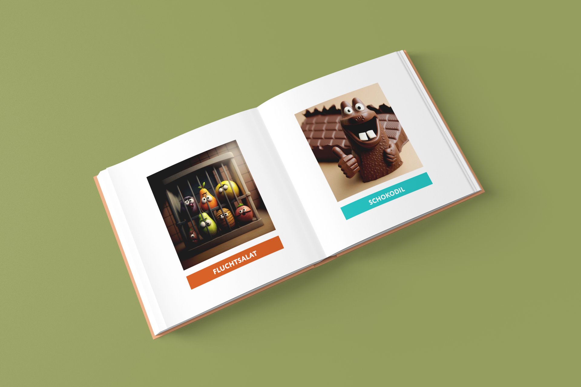 offenes quadratisches Buch auf einer farbigen Fläche gelegen